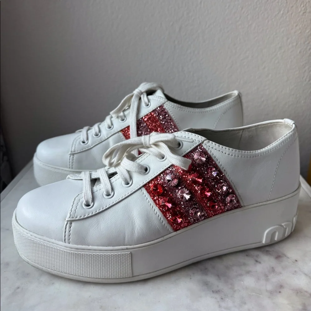 Miu Miu Crystals Glitter‎ White Leather Platform Sneakers Size 10